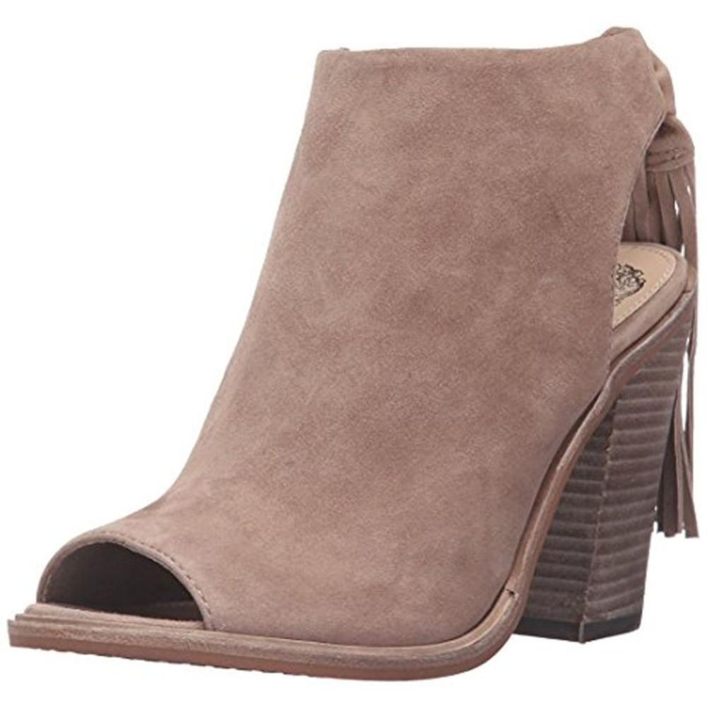 Vince Camuto Taupe Suede Open-Toe Fringe Block Heel Bootie